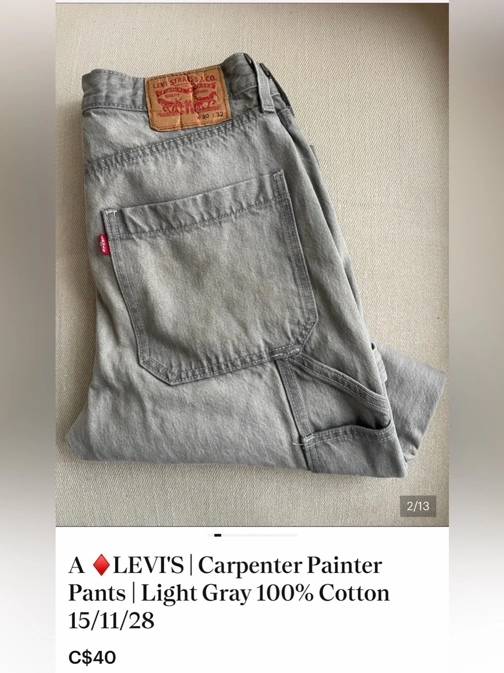 A ♦️LEVI'S | Carpenter Painter Pants | Light Gray 100% Cotton 15/11/28 - Picture 1 of 7